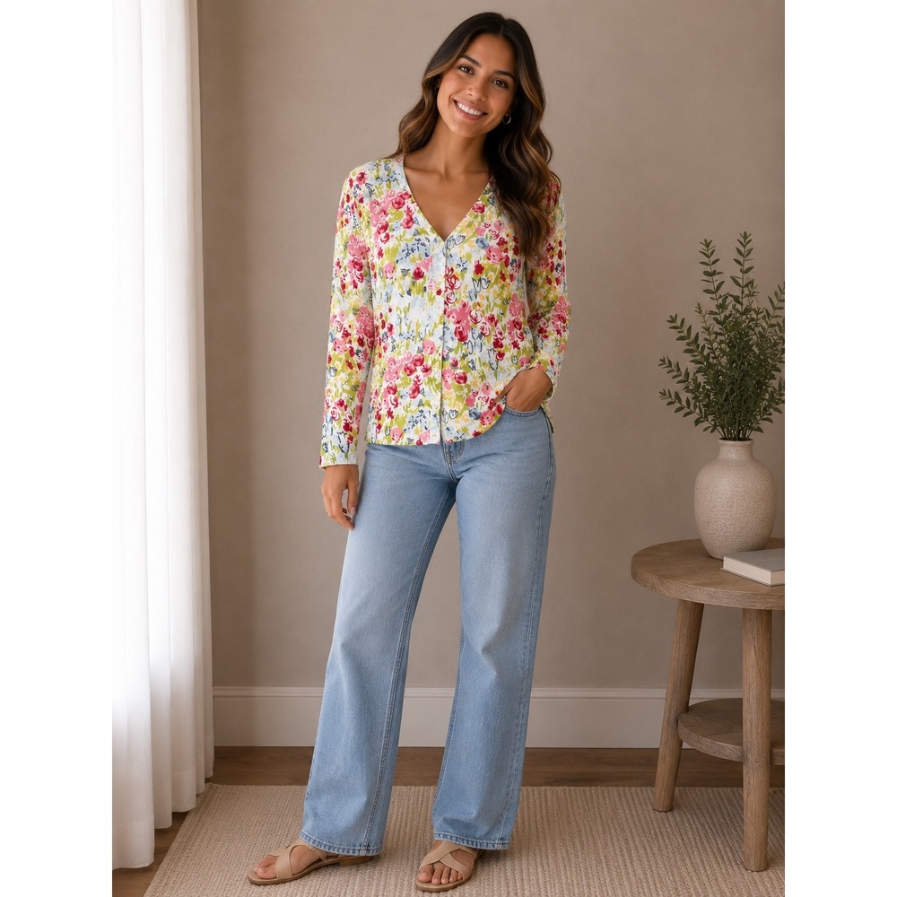 Talbots‎ Petites Floral Pima Cotton Blend V-Neck Cardigan Sweater Pink Yellow P
